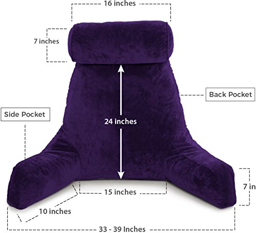 Husband Pillow - Big Bedrest Reading & Support Bed Backrest with Arms Purple - Premium Shredded Memory Foam with Detachable Neck Roll Pillow - Bed Rest Pillow Makes a Comfy & Therapeutic Cuddle Buddy