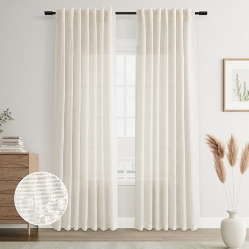 Photo 1 of Joywell Cream Natural Back Tab Rod Pocket Linen Curtains 84 Inches Long 2 Panels for Living Room Bedroom Neutral Boho Farmhouse Rustic Light Filtering Semi Sheer Curtains Window Treatment 52x84