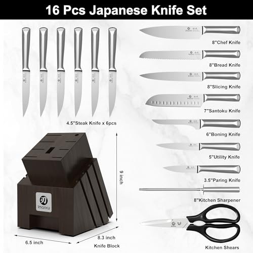 imarku Knife Set with Honing Rod, 16-Piece Japanese High Carbon Stainless Steel Kitchen Knife Sets, Ultra-Sharp Knives, Full Tang Ergonomic Handle, Dark Gray
