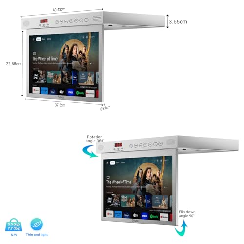 SYLVOX 15.6 inch Smart Under Cabinet TV, 1080P Kitchen Television 360°Rotation & 90°Folding, Built-in Timer, Screen Casting, Google Assistant, Flip Down TV for Kitchen, Bedroom, Campervan (Silver)