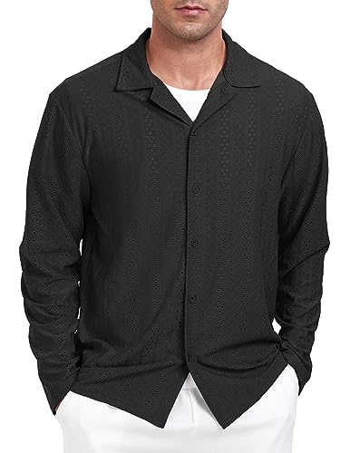 ZAFUL MENS EYELET CUBAN LONG SLEEVE SHIRTS CASUAL BUTTON DOWN REGULAR FIT SHIRT (BLACK M)