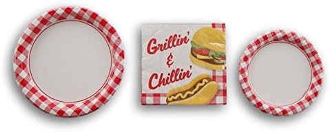 Summer Grillin &amp; Chillin Red Gingham Pattern Party Set - Dinner Plates, Napkins, Dessert Plates