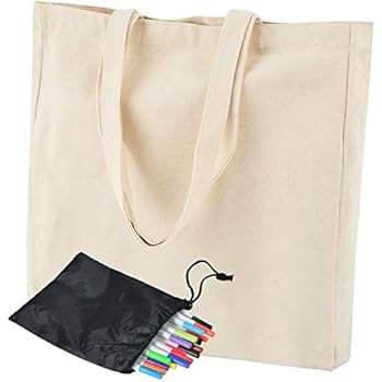 Heavy Duty Thick Canvas Tote Bags (12 Pack) with Bottom Gusset 16 x 15 x 4 inch Durable 12oz Eco-Friendly Shopping Bag, Crafting Bag, Washable Bag Reusable Bag - BONUS 20 Fabric markers for Decorating