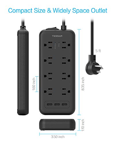Surge Protector Power Strip, TESSAN 8 Outlets and 3 USB Ports 5Ft Long Extension Cord Flat Plug, 1875W/15A, 1700 Joules, Wall Mountable for Home, Office, School and Dorm Room Essentials, Black