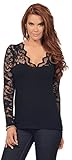 Women's Fitted Cotton Casual Scalloped Floral Lace V Neck Long Sleeve Shirt Top, Medium, Midnight Dream Black