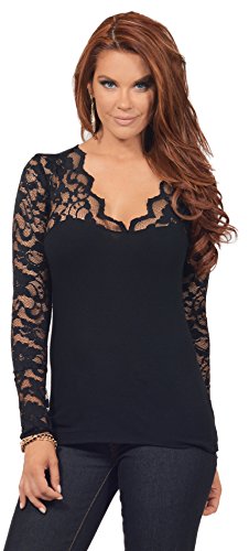 Women's Fitted Cotton Casual Scalloped Floral Lace V Neck Long Sleeve Shirt Top, Medium, Midnight Dream Black