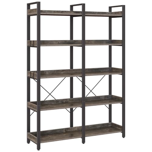 Seventable 5 Tier Large Bookshelf, 63" Tall Industrial Bookcase with 4 Hooks, Wooden Bookcase for Home Office Living Room, 43.3” Wide Standing Storage Shelf with Open Shelves, Grey