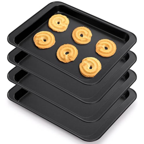 Jucoan 4 Pack Small Baking Sheet, 9.5 x 7.1 Inch NonStick Small Cookie Sheet, 1/8 Carbon Steel Toaster Oven Tray Replacement for 1 to 2 Person Single Cooking RV Dor Room