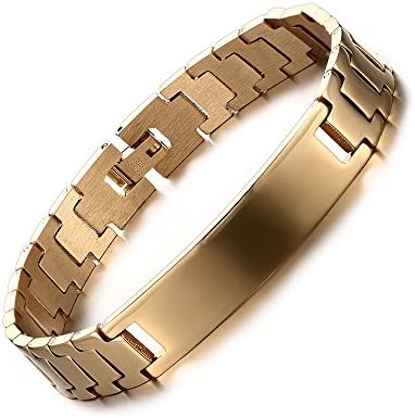 XIMAKA Free Engraving-Personalized Men's Customized Text Your Own Message Stainless Steel Bend Tag Strap Bracelet,8.66",Gold