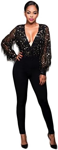 Star Han Deep V-Neck Long Sleeve Tassel Sequins Mesh Perspective Clubwear Jumpsuit (Large)