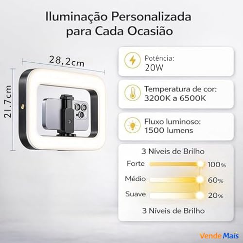 Ring Light LED Portátil com Suporte para Celular Universal e Controle de Luz Fria Quente e Neutra I Iluminador para Selfie Vídeo Foto Maquiagem e Gravação I Vende Mais