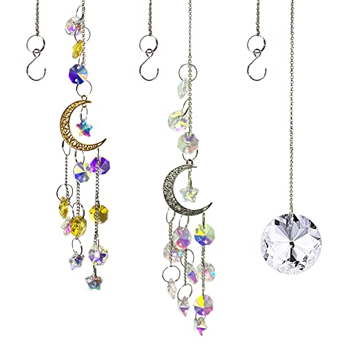 3 PCS Crystal Sun Catchers -13 Inch Hanging Suncatcher with Chain , Star Moon Crystals Prisms Pendant Light Catchers Beads,for Window Home Garden Christmas Day Party Wedding Decoration