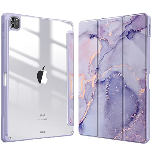 FINTIE Hybrid Hülle für iPad Pro 12.9 2022 (6. Generation)/ iPad Pro 12.9 2021/2020/2018 mit Stifthalter - Stoßfeste Schutzhülle mit transparenter Hartschale auf der Rückseite, Lila Marmor