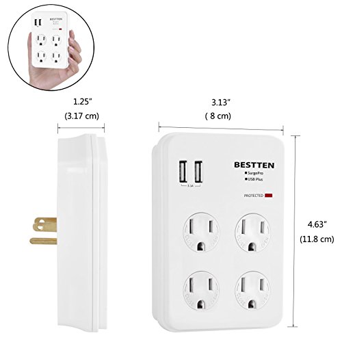 Bestten Wall Outlet Adapter Surge Protector with 2 USB Charging Ports