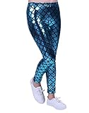 Girl's Shiny Mermaid Leggings Metallic Fish Scale Tights Mermaid Costume (4T-12) (Teal, 6/6X)