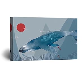 Canvas Wall Art - Hand Drawing Style Mystical Whale in The Ocean - Giclee Print Gallery Wrap Modern Home Art Ready to Hang - 12x18 inches