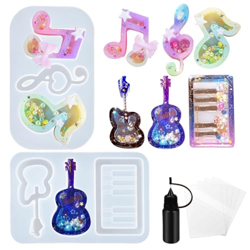Resin Shaker Molds Set Music Keychain Charm Pack of 8 Silicone Trays Seal Films Precision Tip Applicator Bottle Kits Bundle