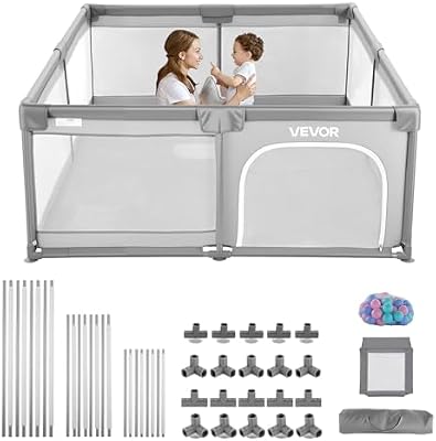 Parque infantil, ideal para crianças pequenas, para interior e exterior, com 50 bolas oceanicas, porta com fecho éclair e malha respirável, forma retangular, cinzento, 2060 x 1840 x 650 mm