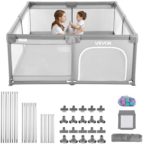 Parque infantil, ideal para crianças pequenas, para interior e exterior, com 50 bolas oceanicas, porta com fecho éclair e malha respirável, forma retangular, cinzento, 2060 x 1840 x 650 mm
