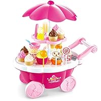 BJLWTQ Ice Cream Cart 39 PCS Pretend Play Food Dessert and Candy Trolley Set Toy with Music and Lighting Kids and Girls Toys,33x20x38cm (Color : Pink)