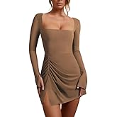 WISFRUIT Women's Sexy Square Neck Bodice Dress Long Sleeve Ruched Side Slit Party Club Mini Dress