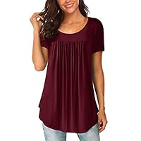 Yidarton Womens Scoop Neck Pleated Blouse Solid Color Tunic Tops Shirts,Wine Red,X-Large