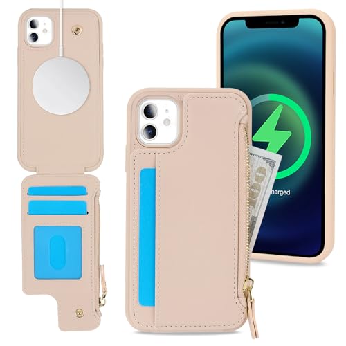 Cavor for iPhone 11 Case with Card Holder,for iPhone 11 Wallet Case for Women,Compatible with Magsafe,Leather Shockproof Zipper Cover-Beige