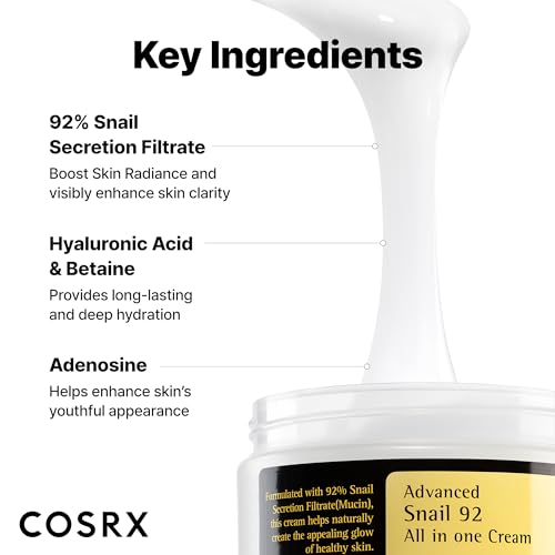 COSRX Snail Mucin 92% Face Moisturizer, 3.52 Oz, Lightweight Moisturing Cream for Soft, Glowy Skin, Korean Skin Care, Korean Moisturizer Face Cream, Stocking Stuffers for Women