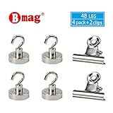 BMAG Magnetic Hooks, Heavy Duty 48 LB Powerful Neodymium Rare Earth Magnet Hanging Hook Set, Multi Use for Indoor/Outdoor Hanging, with 2 Magnetic Clips, (4 PCS, Dia 0.98