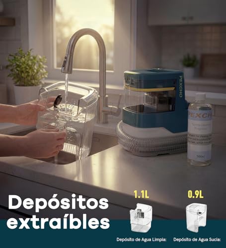 PEXCHO Limpiador de Tapicerias 18kPa Aspiradora de Agua Tapiceria 650W Maquina Limpia Tapicerias para Sofas Alfombras Coche Colchones y Mascotas con Autolimpieza,Depositos Extraibles,Tubos flexibles