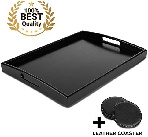 Decorative Black Wooden Bamboo Serving Tray Platter w/Handles For bed Breakfast Dinner, Ottoman Coffee Table, Parties, Food, Home, Bathroom, Appetizer, Drinks, Perfume, Cake (Large) COASTERS INCLUDED