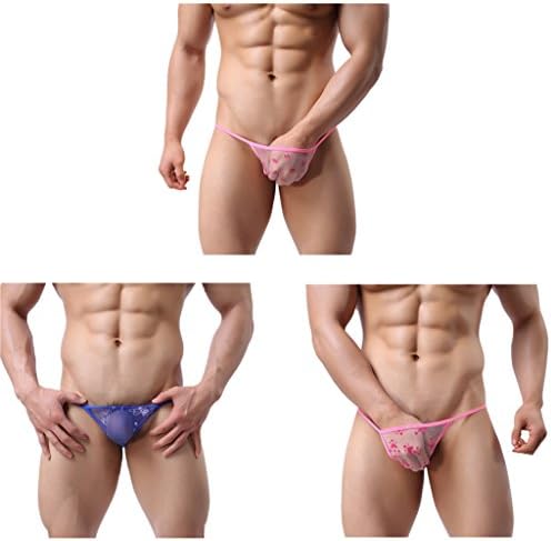 Lovef Men's Sexy Jacquard Mash See-through Underwear Thong G-string Elastic Smooth Bikini T-back (L, 3PCS)