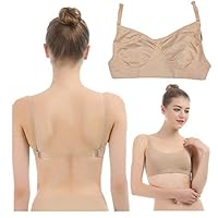 iMucci Professional Beige Clear Back Bra NO Sponge - Seamless Backless Freebra with Adjustable Clear Straps for Ballet Dance Party Child 12-16 Years