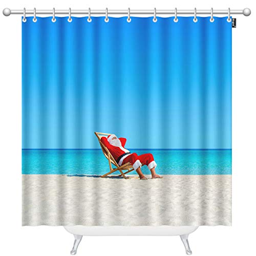 Mugod Santa Claus Shower Curtains Christmas Santa Claus Relaxing on Sunlounger at Ocean Sandy Tropical Beach Decorative Bathroom Waterproof Fabric Shower Curtain with 12 Hooks 72 x 72 Inches - Thumbnail 7