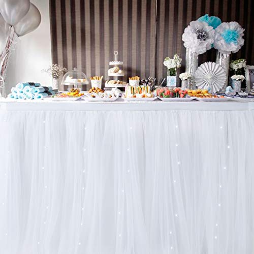 OakHaomie 10ft Table Skirt Tulle Tutu Table Cloth with 15pcs String Lights for Rectangle or Round Table for Party,Wedding,Birthday Party&Home Decoration,Table Skirting (White, 10ftX2.63ft)