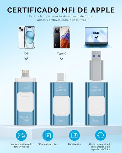ROSPE MFi Pendrive 256GB for iPhone, External USB Flash Drive for iPhone, USB C Lightning Pendrive Compatible with Phone/iPad, Android and PC, USB 3.0 for Backup Photos, Videos and Mobile Data, Blue