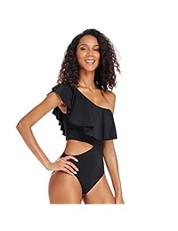 Dixperfect Traje de baño de una pieza para dama, con volantes en los hombros, monokini, con corte lateral