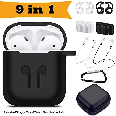 Airpods Case, 9 in 1 Airpods Protective Silicone Cover and Skin Compatible for Apple AirPods Charging Case with Airpods Anti-Lost Strap, Airpods Ear Hook, Watch Band Holder, Keychain, Carrying Box
