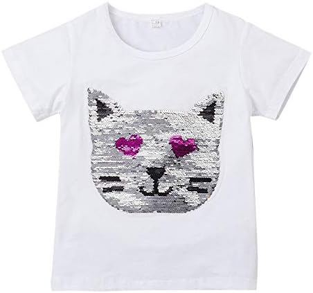 HHBB Girls Cotton Cat Face Applique Hand Swipe Sequin T-Shirt in White
