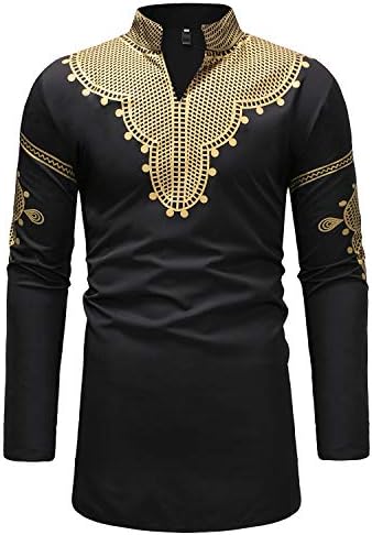 Freely Mens Mid Length V Neck African Dashiki Plus-Size Slim Fit Button Dress Shirt