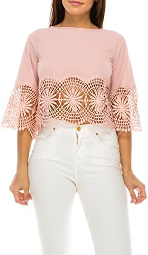 StyleEvery1 Women Casual 3/4 Flare Sleeve Boat Neck Crochet Lace Loose Crop Top Summer Blouse (Medum, Dusty Pink)