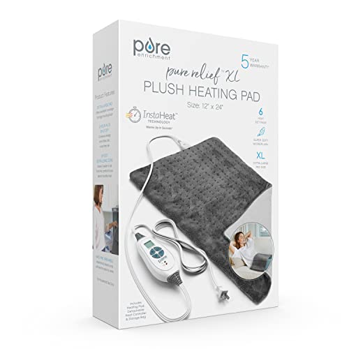 Pure Enrichment PureRelief XL Heating Pad - LCD Controller with 6 InstaHeat Settings for Cramps, Back, Neck, & Shoulder Pain Relief, Moist Heat Option, Machine Washable, 12" x 24" Storage Bag (Gray)