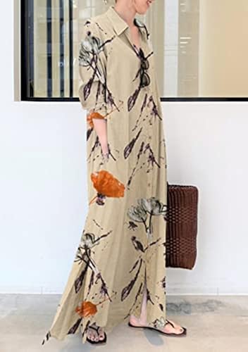 Linen Summer Dresses Women's Cotton Linen Summer Dress With Pockets - Long  Sleeve Lapel Side Split Casual Dress Women's Long Sleeve Cotton Linen Dress  With Pockets