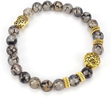Gold Lion Buddha Beads Bracelet Lava Stone Mala men’s elastic Bangle for Buddhist Prayer Yoga