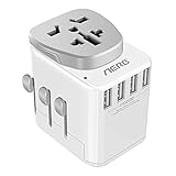 Travel Adapter, Aerb 2500W High Power Universal Travel Adapter Worldwide All-in-One Plug with 4 USB Ports for US, Europe, UK, AUS More Than 150 Countries (Gray White)