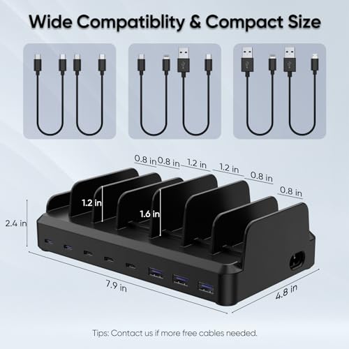 300W Charging Station for Multiple Devices, 8 Port Multi USB C Fast Charger Station Dock for MacBook iPhone 16/15/14/13/12 Samsung Pixel Series iPad, Black (6 Mixed Short Cables Included)