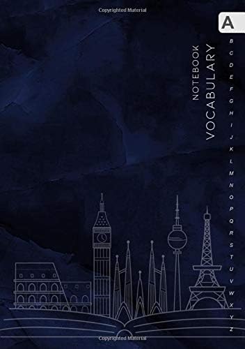 Vocabulary Notebook: B5 Medium Notebook 3 Columns with Alphabetical A-Z Tabs Printed | Travel Landmark Design Marble Blue Black