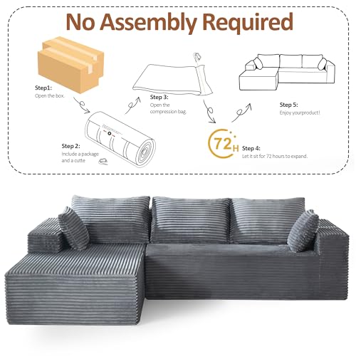 WUTUTUEE 110" Boneless Sectional Couch with Chaise Lounge, Cloud Couch Compressed Sofa L Shape, No Assembly Memory Foam Sofa for Living Room, Grey Corduroy