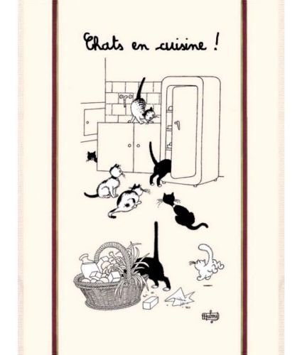 Torchons & Bouchons, Dubout - Chats en Cuisine (Cats in the Kitchen) Printed Kitchen Tea Towel, 100% Cotton