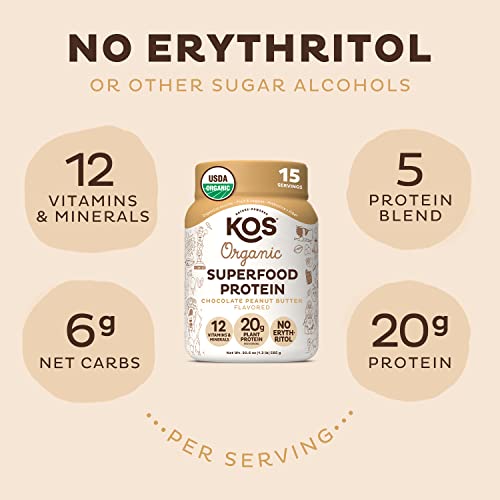 KOS Plant Based Protein Powder, No Erythritol, Chocolate Peanut Butter